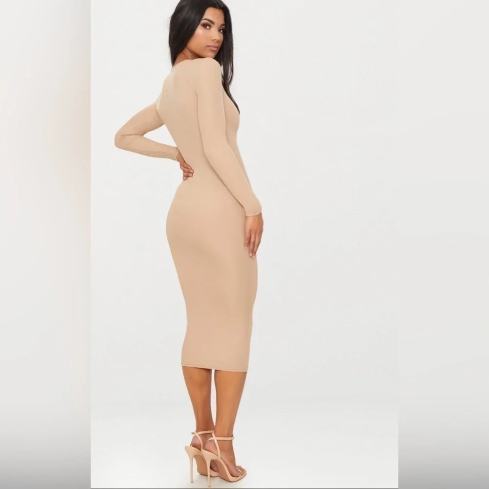 Pretty Little Thing Basic Stone Ribbed Sleeve Midi Dress in Size 2 - Picture 2 of 5